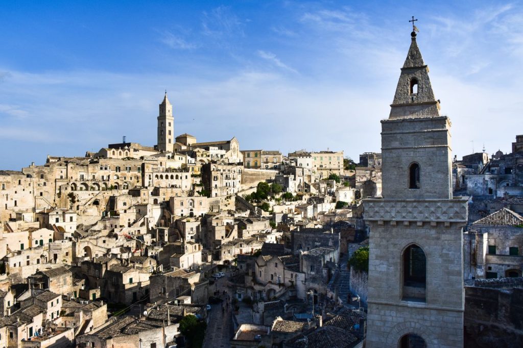 A stunning view of the historic cityscape of Matera, Italy, showcasing ancient architecture.