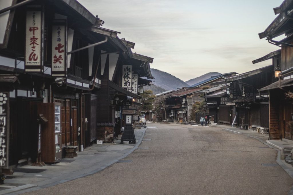 Scenic view of historical street in Narai-juku, Shiojiri, with traditional architecture.