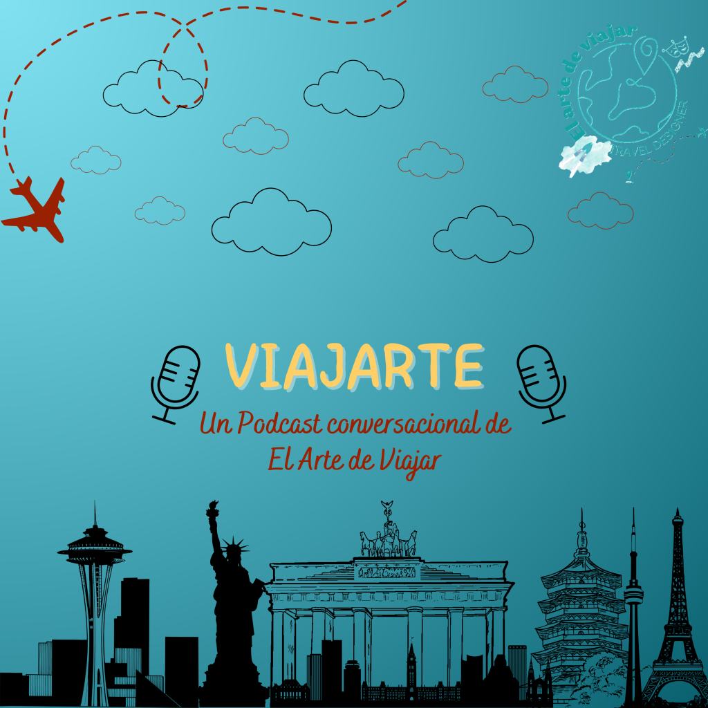 portada para podcast de viajes degradado naranja y negro